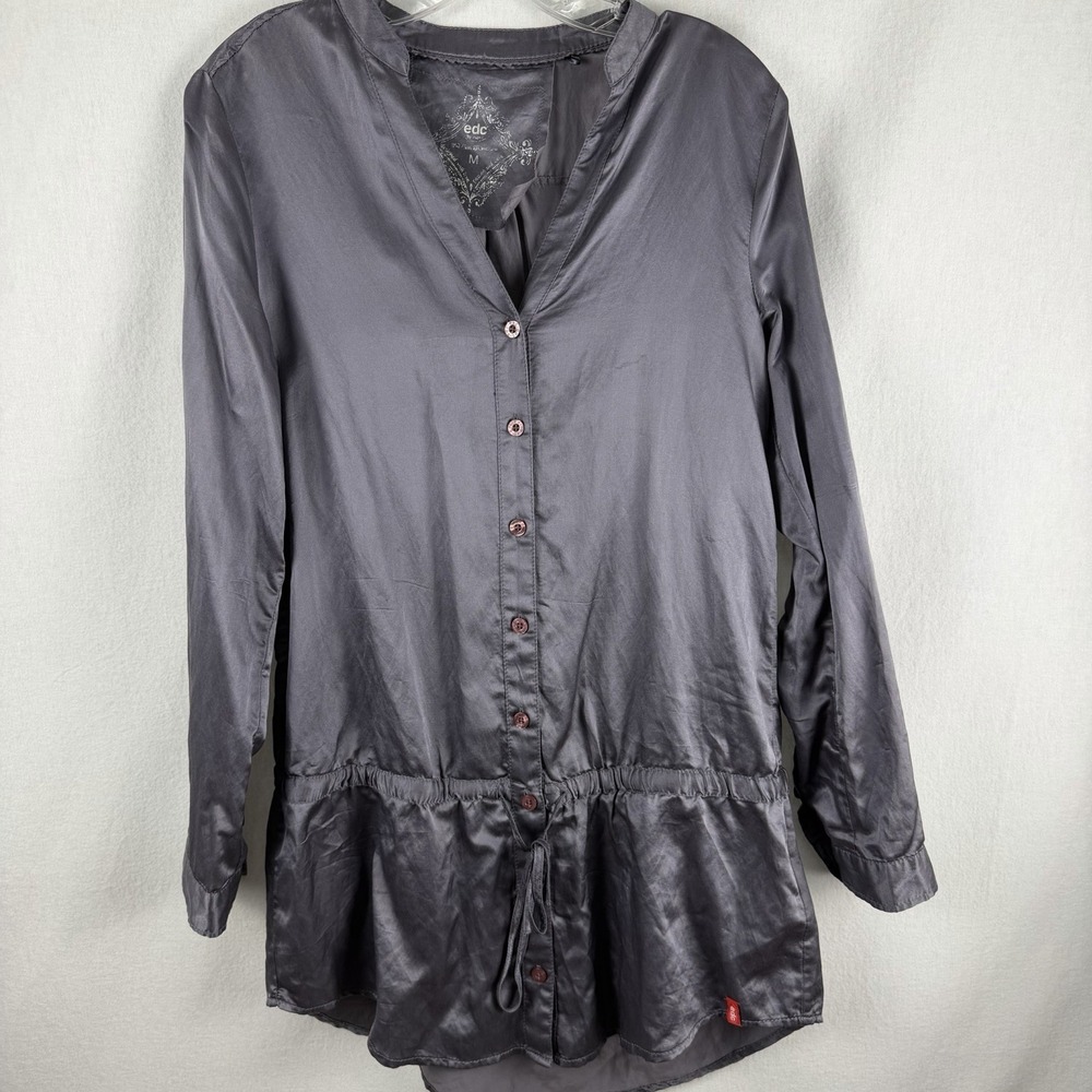 edc by Espirit‎ Blouse Cotton Silk Drop Waist Sz M Gray Shimmer Glam Date Night